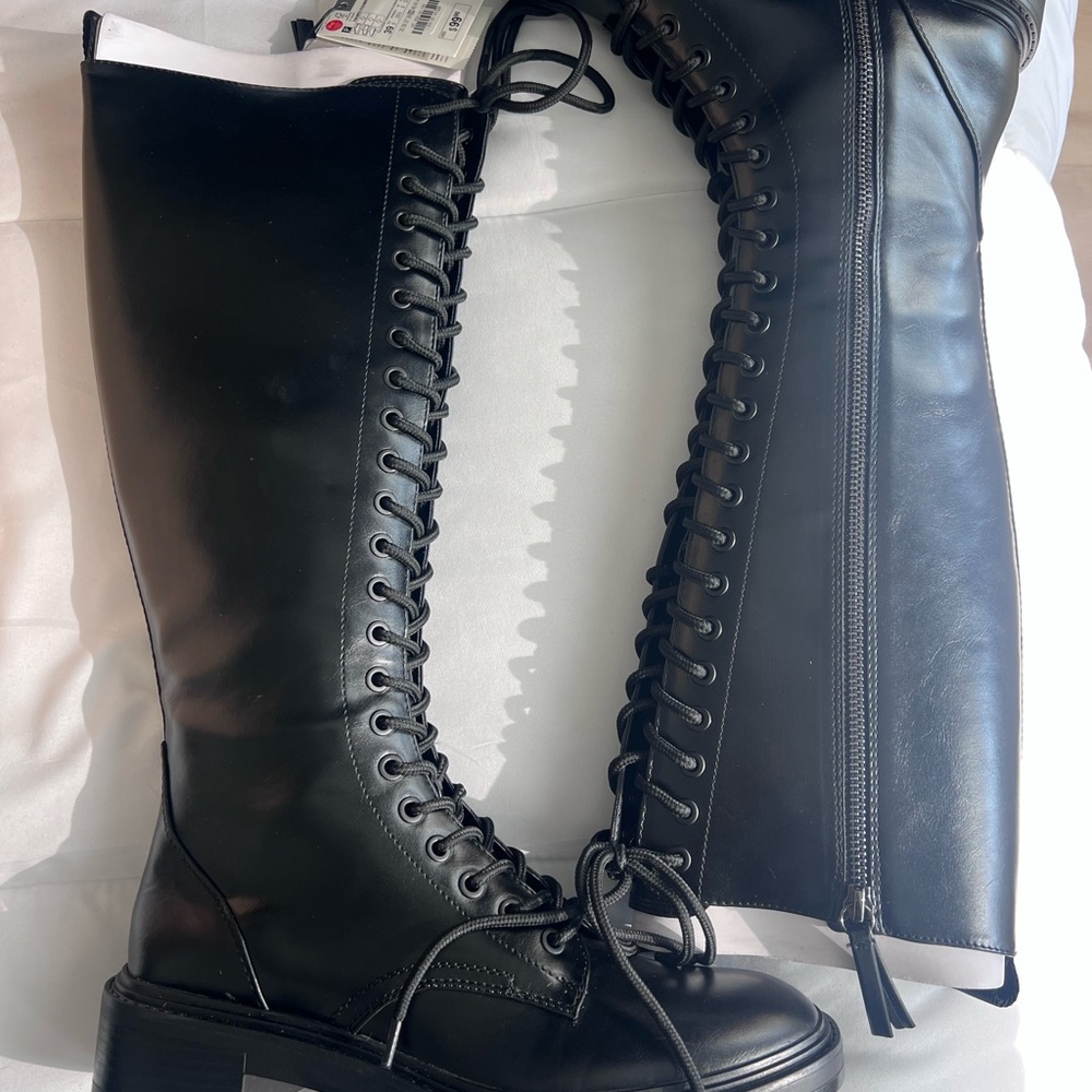 Zara Black Lace-Up Knee-High Combat Boots with Side Zip